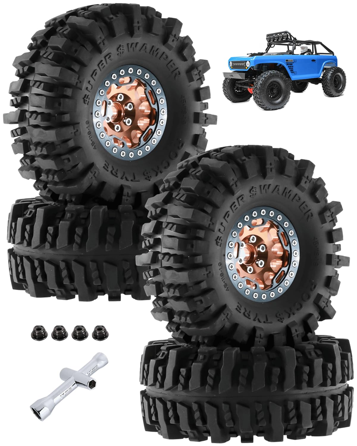 RCHuiWow1.9 Inch RC Wheel Tire Set for 1/10 RC Crawler Axial SCX10 SCX10 II 90046 SCX10 III AXI03007 TRX4,Aluminum Beadlock Wheels & Soft Rubber Tires,4Packs,Brown