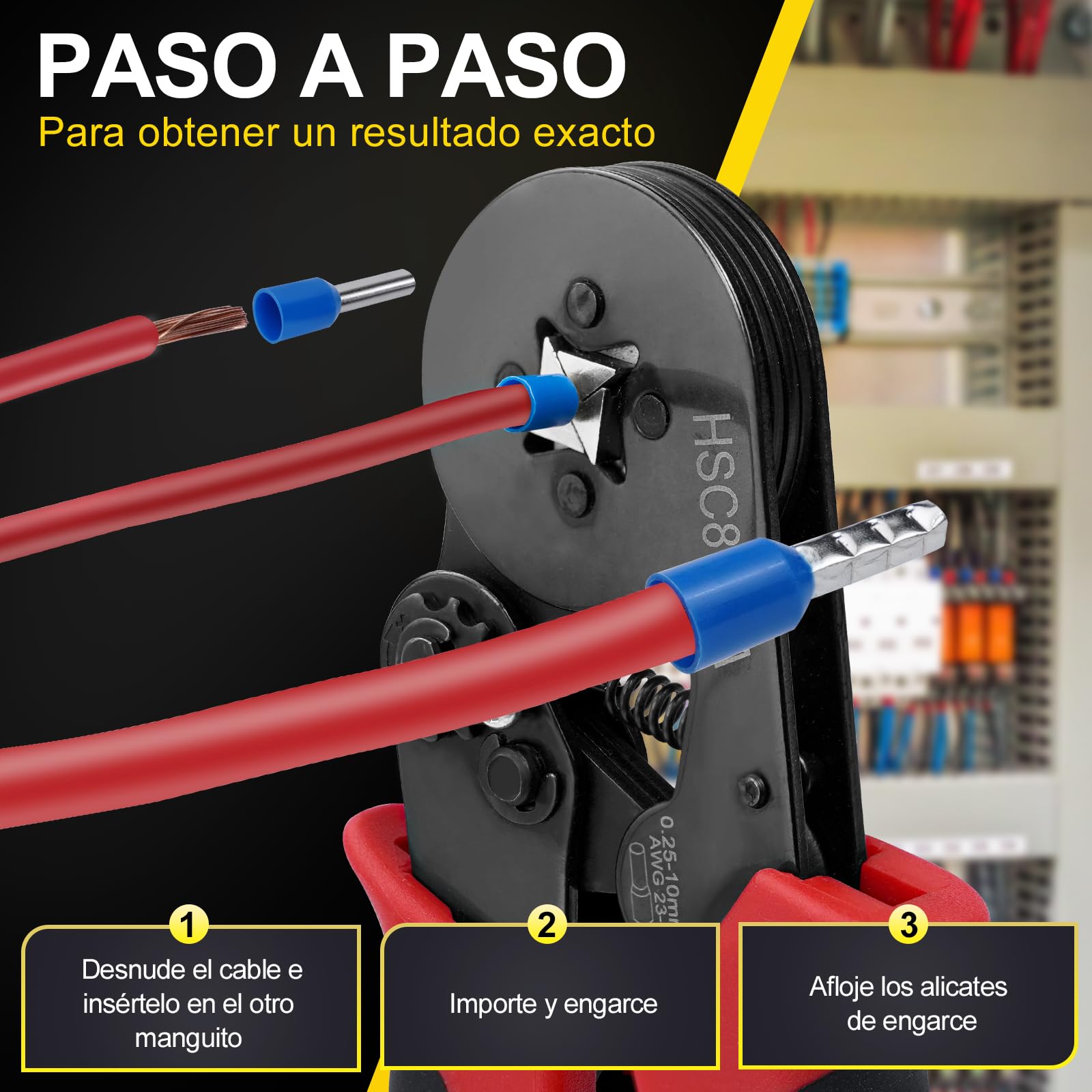 HYCHIKA Crimpadora Kit, Pelacables automático 3 en 1, Juego de alicates de corte con 1200 piezas 0,25-10mm²(AWG 24-8) Terminales, Crimpadora Punteras, Alicates de Crimpado