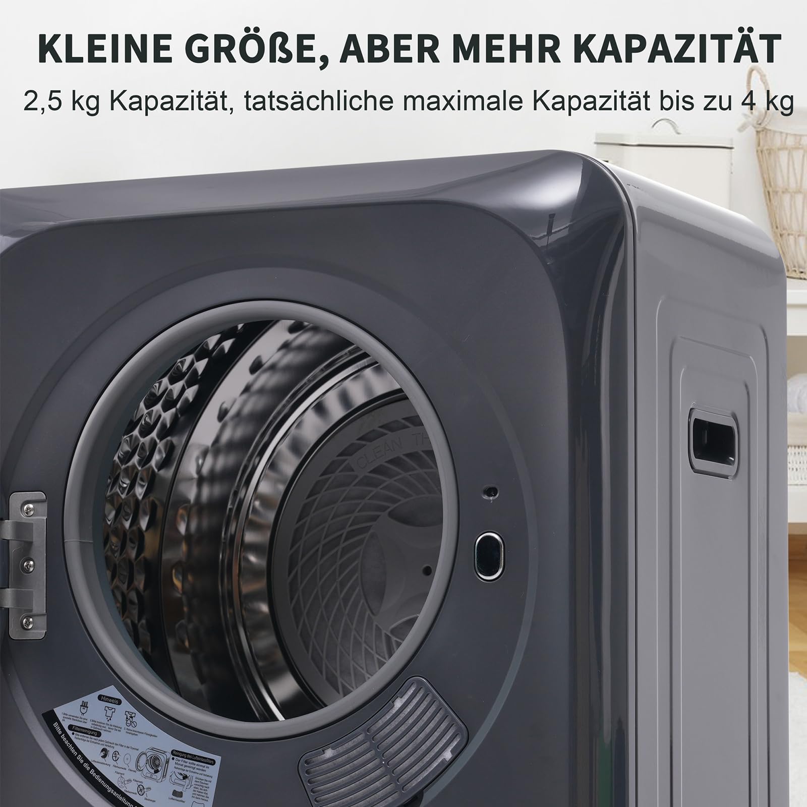 DRIXNO Ablufttrockner Trockner Mini Wäschetrockner Dryer Machine, 850w/2,5kg/Schwarz/48x40x58cm, Überhitzungsschutz, wandmontierbar [Energieklasse C]