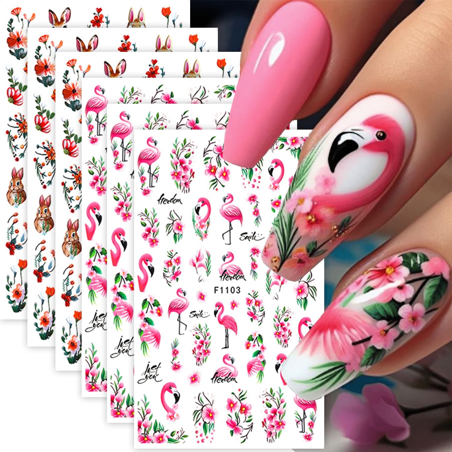 Flower Nail Sticker Tropical Flower Stickers for Nail Art Spring Summer Nail Decal Colorful Floral Nail Supply with Pink Blue Nails Design 3D Self-Adhesive Nails Decal for Manicure DIY Decoration 6Pcs