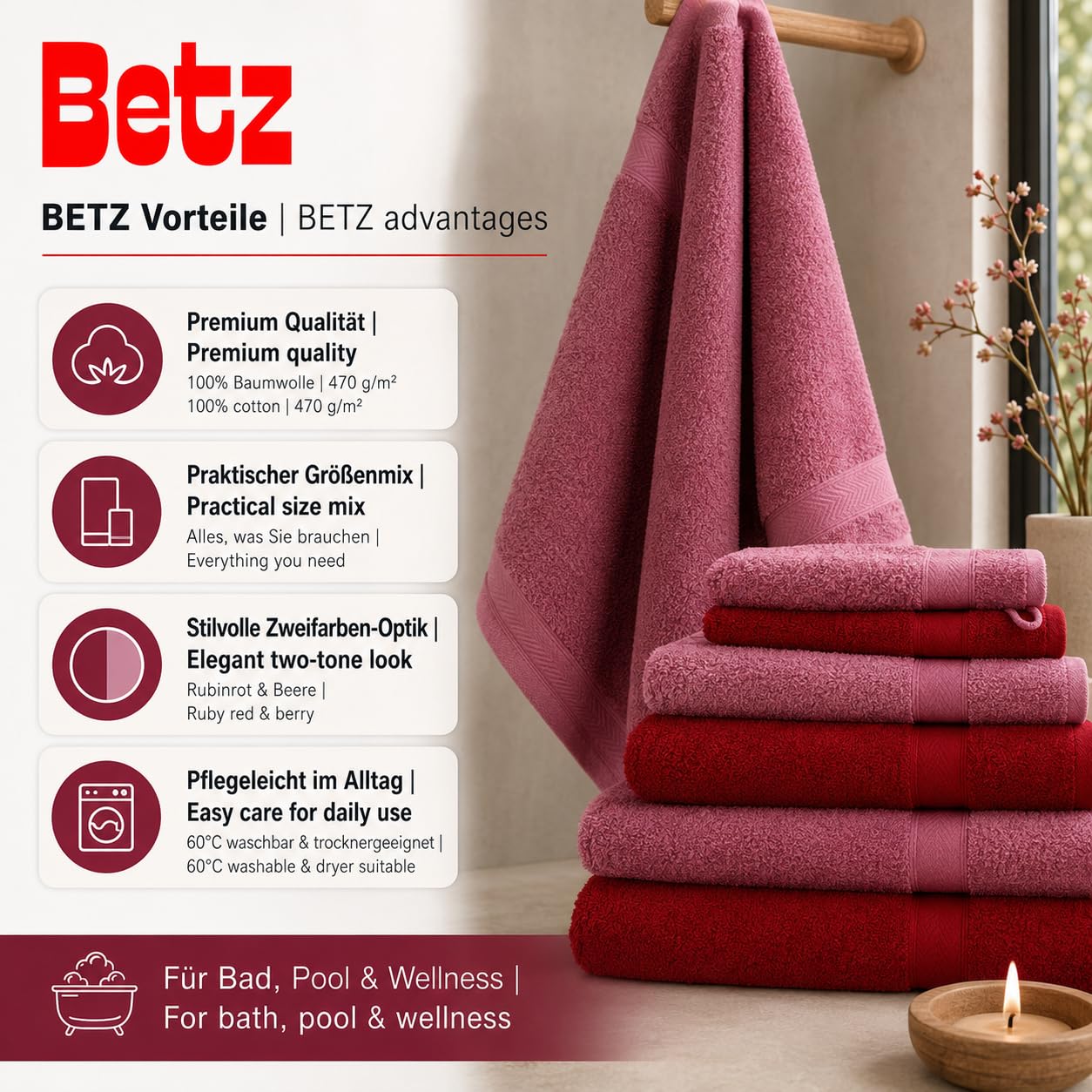 Betz 12-częściowy zestaw ręczników PREMIUM 100% bawełna 2 ręczniki kąpielowe 4 ręczniki do rąk 2 ręczniki dla gości 2 ręczniki do rąk 2 rękawice do mycia kolor rubinowy czerwony/jagodowy