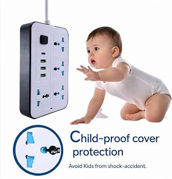 Extension Lead with USB Slots, 4 Way Sockets Outlets 4 USB Ports- Export socket with USB for home use, multi-functional British and European standard power strip, multi-hole power strip
