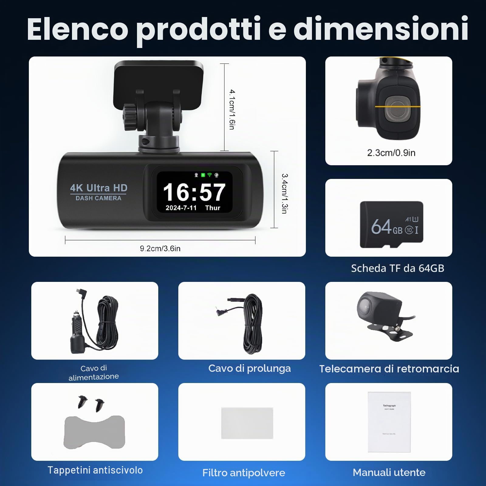 4K Dashcam per Auto Anteriore e Posteriore con WiFi da 5 GHz, Dash Cam con Scheda SD da 64 GB, Doppia Fotocamera per Auto con Visione Notturna Eccellente, Registrazione in loop, Sensore G