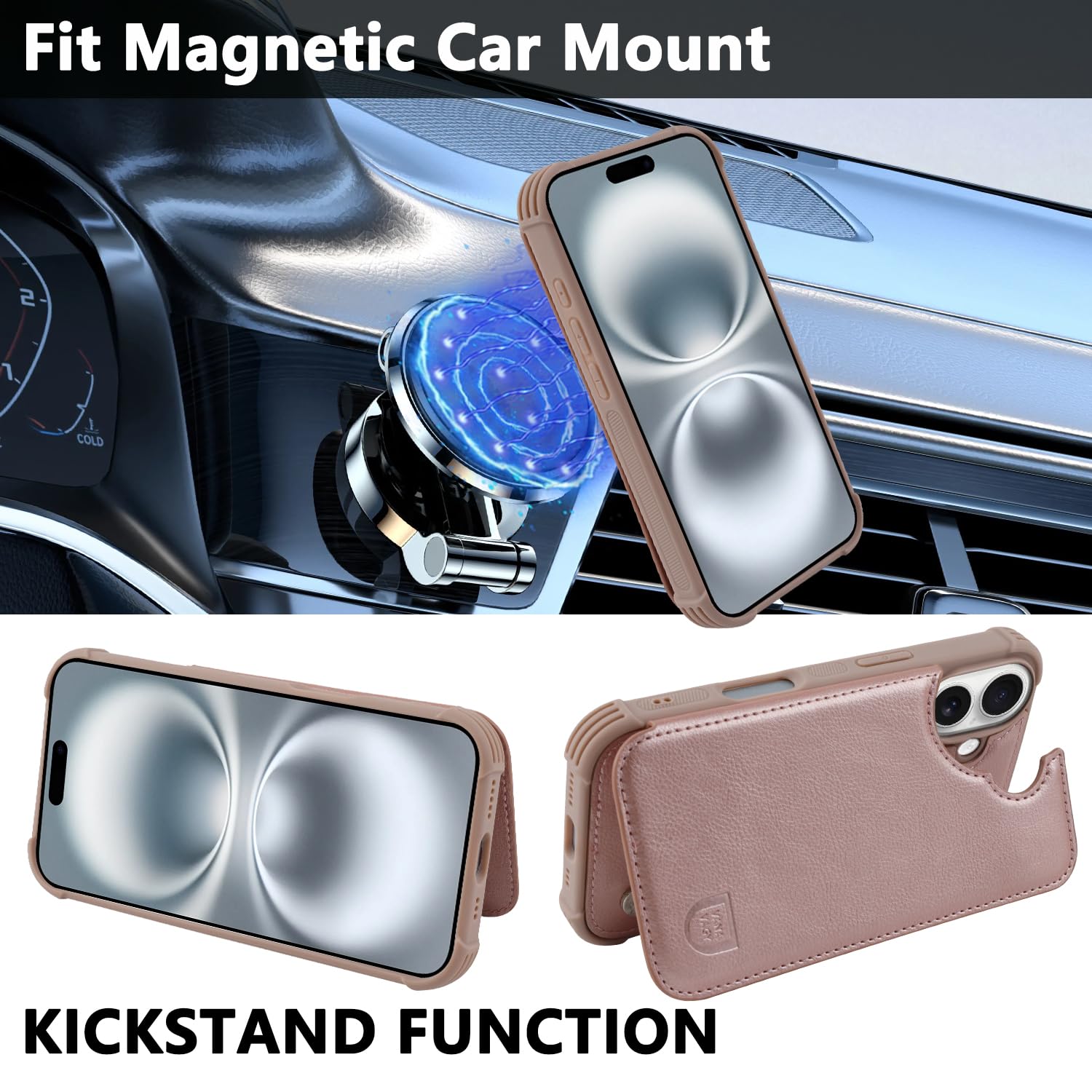 VANAVAGY Compatible for iPhone 16 Plus Wallet Case with Credit Card Holder,Rfid Leather Flip Folio Phone Cover Fits Magnetic Car Mount and Stand with Screen Camera Protector,Rosegold - Image 4