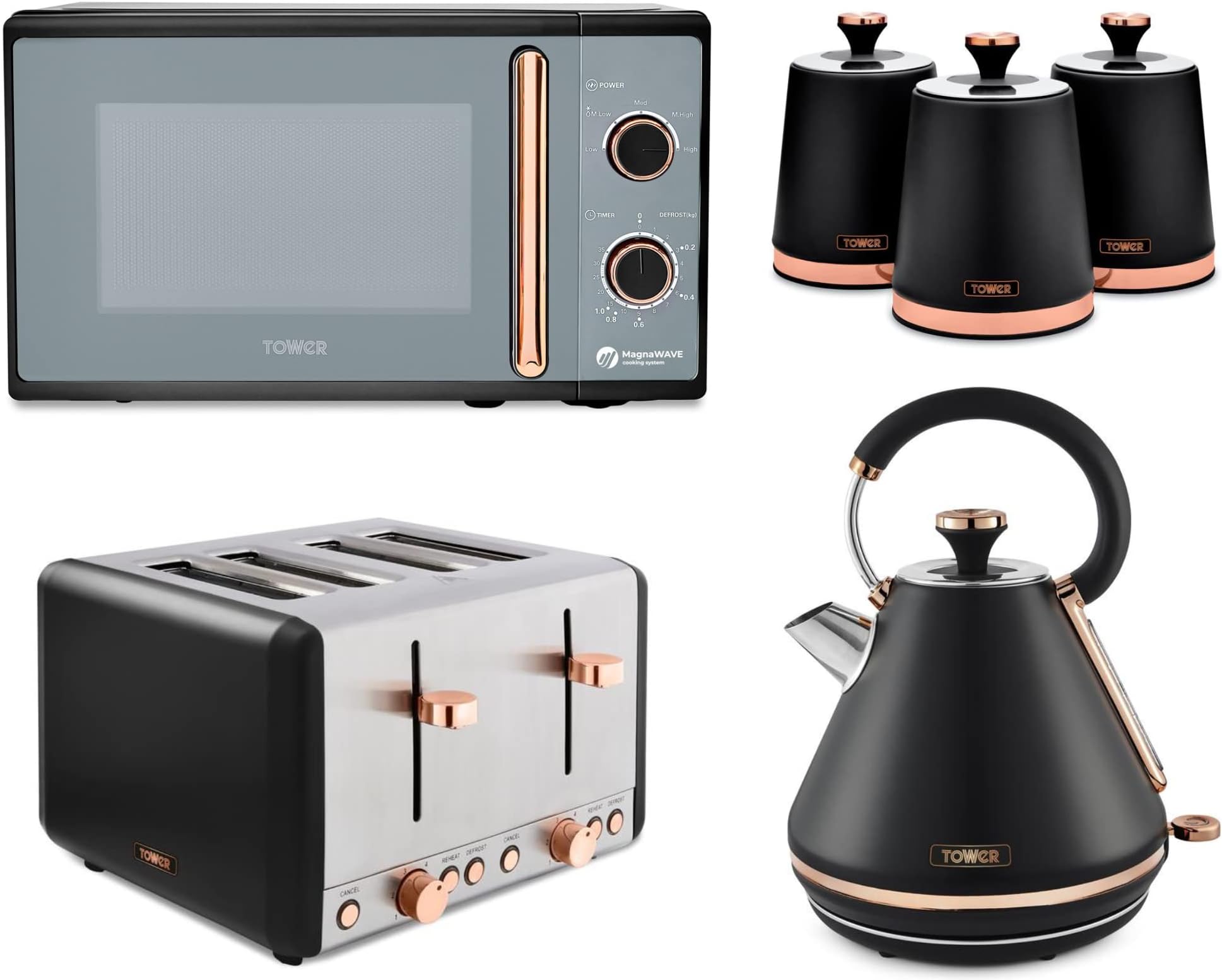 Tower Cavaletto Black & Rose Gold 1.7L 3KW Pyramid Kettle, 4 Slice Toaster, 800W 20L Microwave