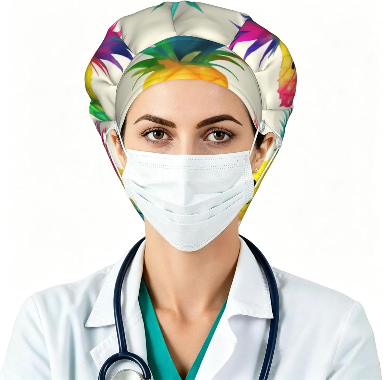Rainbow Pineapple Cartoon Bouffant Cap with Buttons, Sweatband Cap