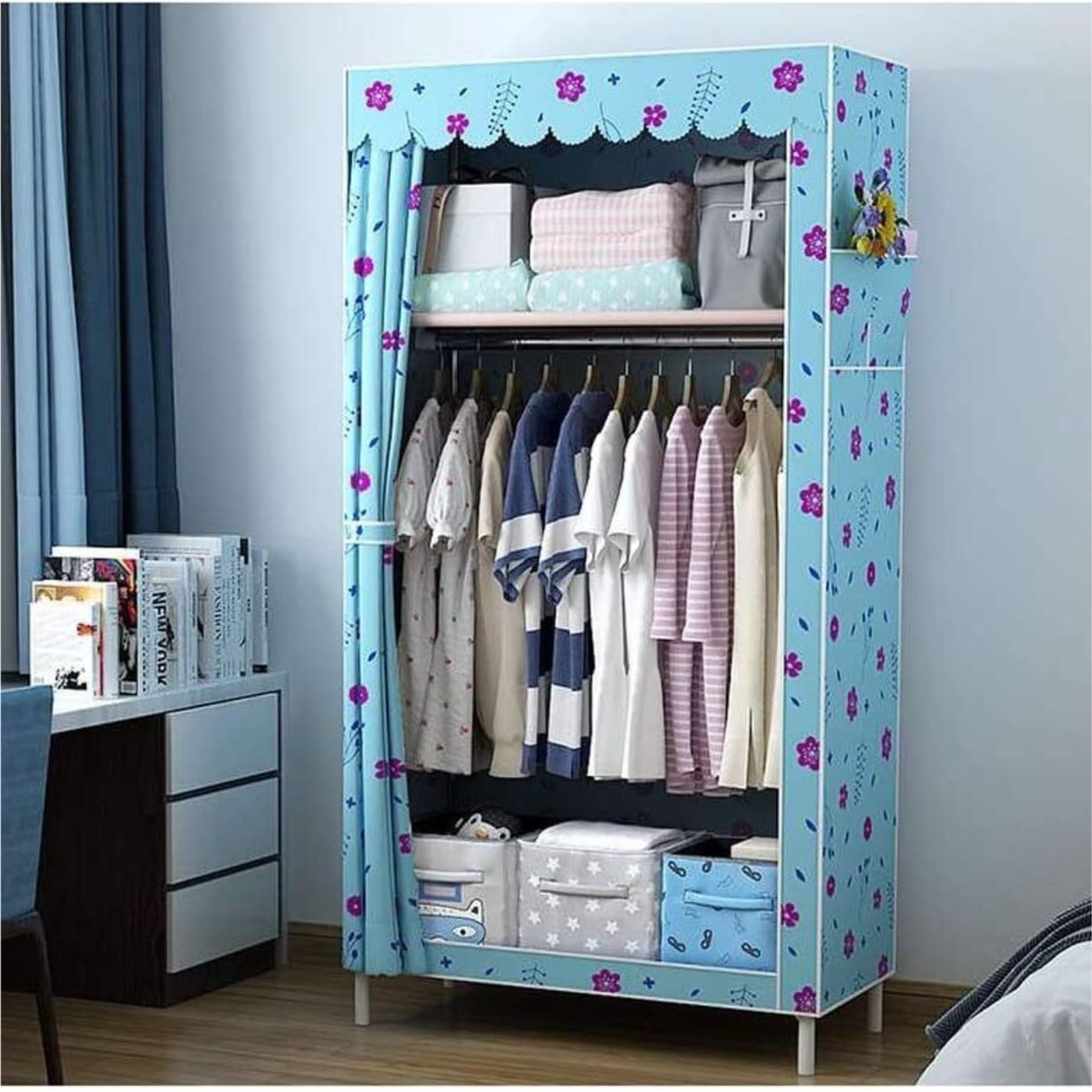 Wardrobe Closet Schrank Kombi-Kleiderschrank, Hängeschrank, Stoff, Stabiles Miethaus, Mehrere Schlafzimmer Closet Aufbewahrungsschrank(D)