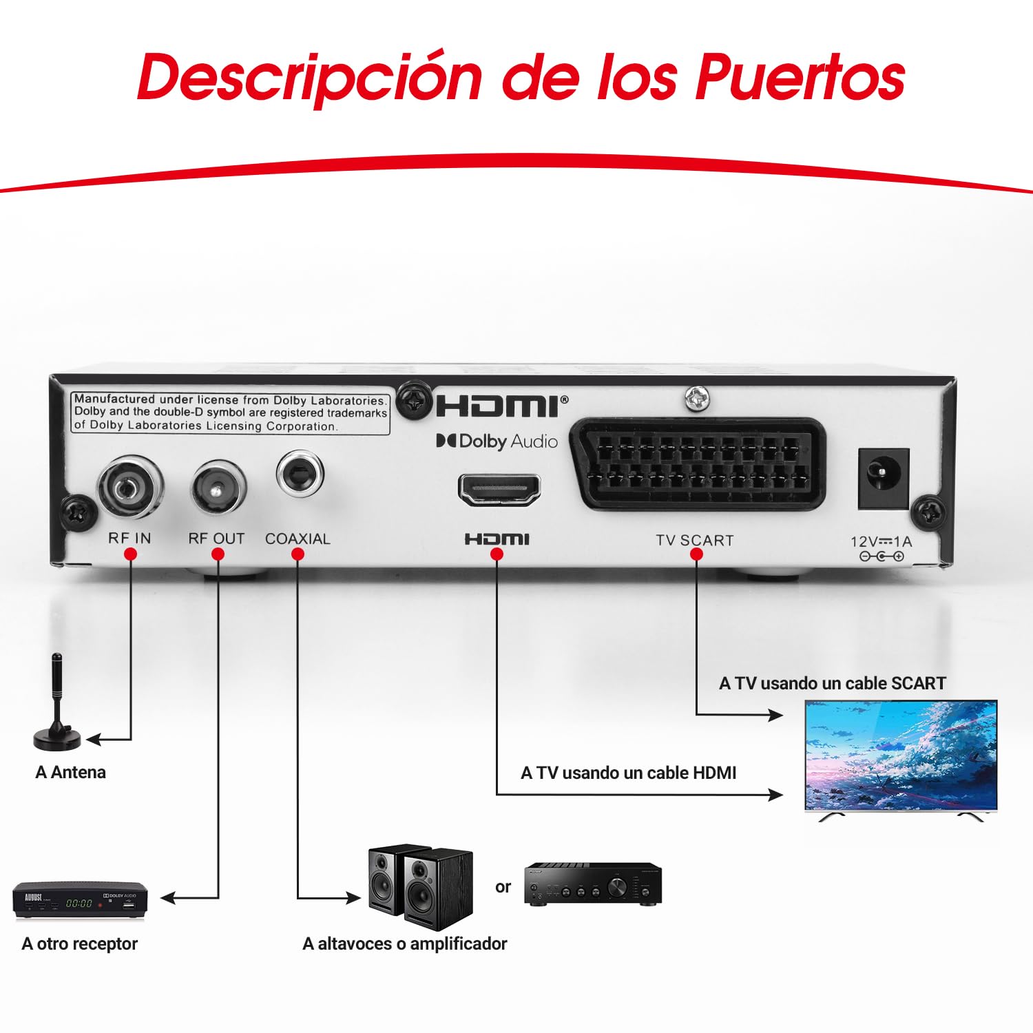 August DVB415 Decodificador TV TDT HD, Receptor TDT HD para DVB-T DVB-T2 TV 1080P HDMI y Scart con Reproductor Multimedia PVR para Grabación