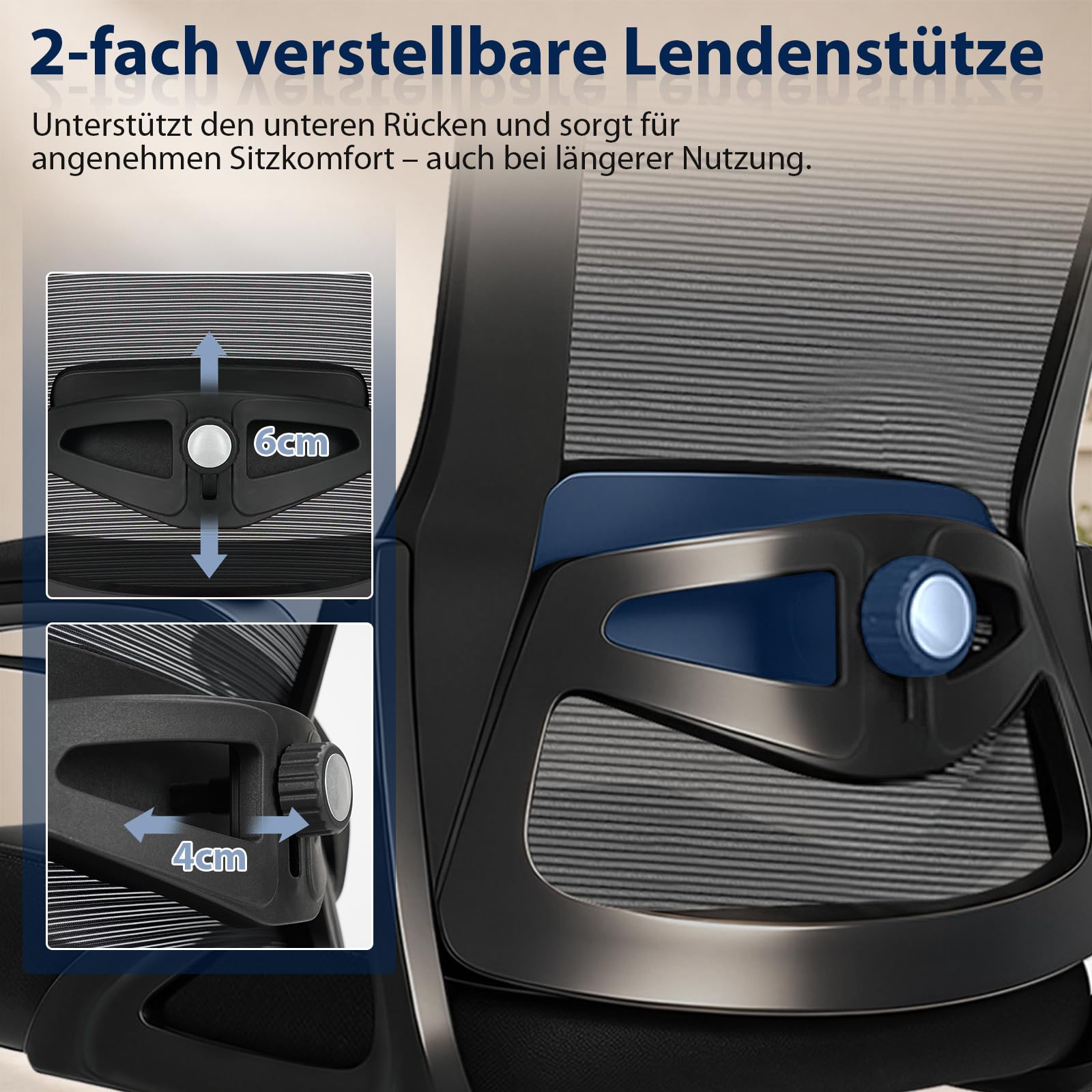 Ergonomischer Bürostuhl, Drehstuhl ohne Kopfstütze, 4D-Lendenstütze, Kappbare Armlehnen, Wippfunktion bis 125°, 90° arretierbar, höhenverstellbarer Schreibtischstuhl, 130 kg, Schwarz