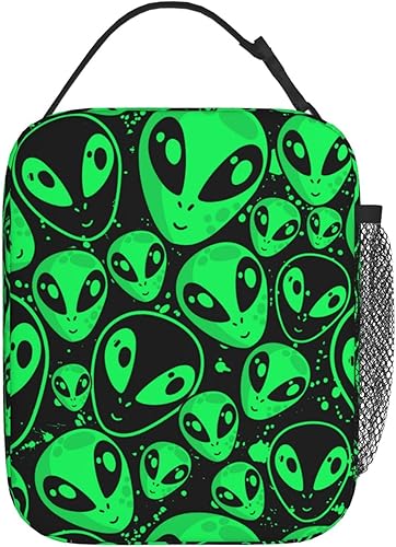 Alien Dress - Lonchera con aislamiento de cara de alienígena verde para mujeres y hombres, bolsa de almuerzo portátil reutilizable para oficina,