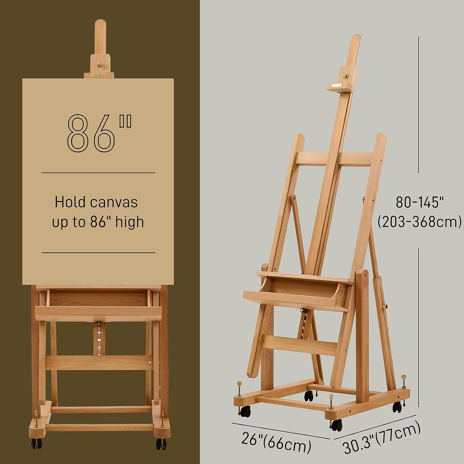Heavy Duty H Frame Easel for Painting: Professional Beech Wood Artist Easel Stand with Upgrade Hardware- Hold Canvas up to 86”, Extra Large Floor Painting Easel for Adults with 4 Wheels