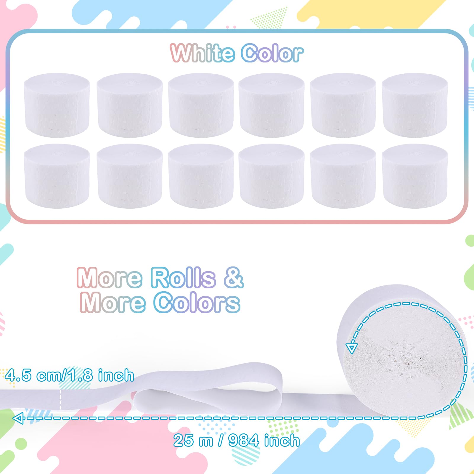 Papier Crépon 12 Rouleaux Multicolore - 4,5cm X 25m Pour Déco Fête DIY