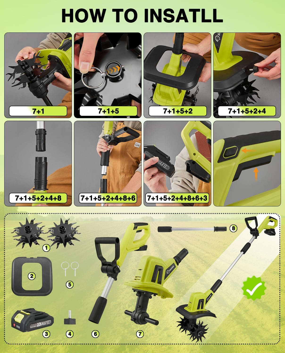 Diagram showing step-by-step assembly of the Saker 22V Cordless Garden Tiller, including attaching blades, connecting shaft, and inserting battery.