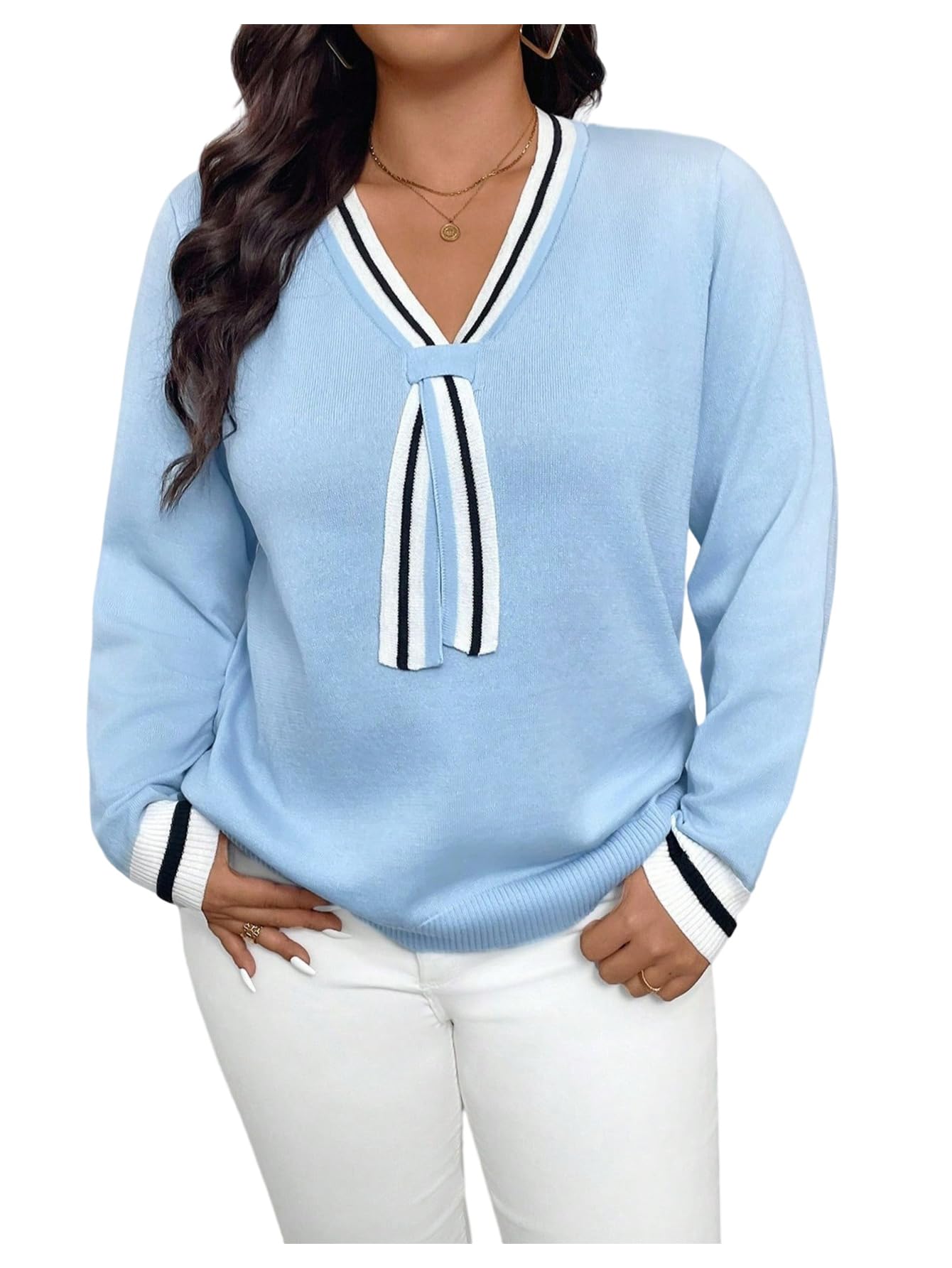 SOLY HUX Womens Plus Size Sweater Striped Trim V Neck Long Sleeve Elegant Pullover Top Fall Clothes