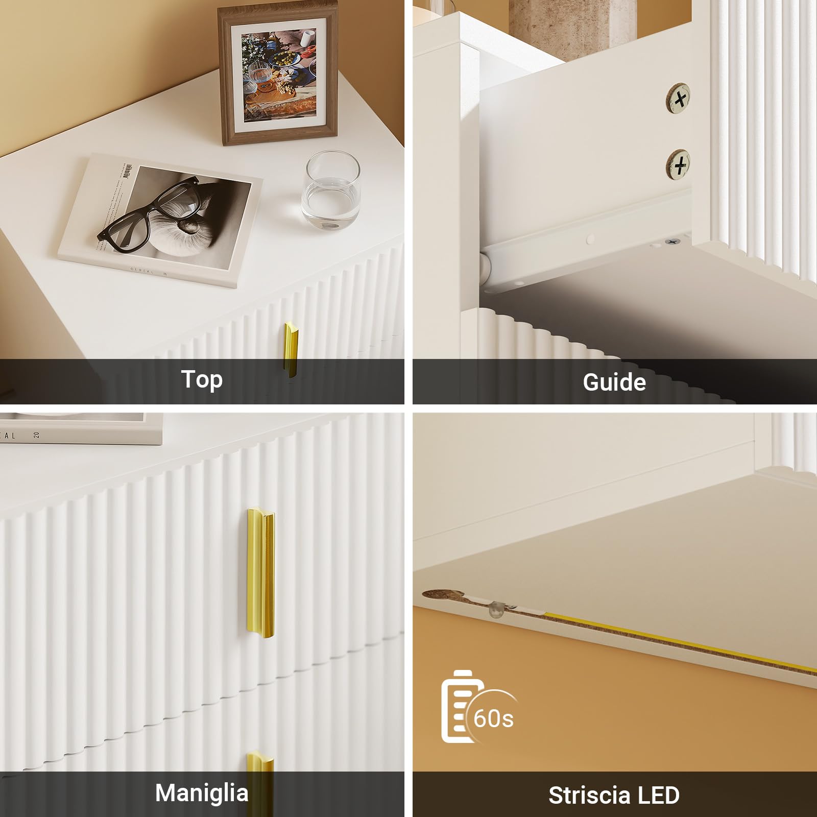 SoBuy comodino sospeso con luce LED a sensore e 2 cassetti, 40x30x30cm | Mensole da muro con fronte ondulato del cassetto, maniglia dorata, PB+MDF, per camera da letto/ingresso, FBT177-E-W