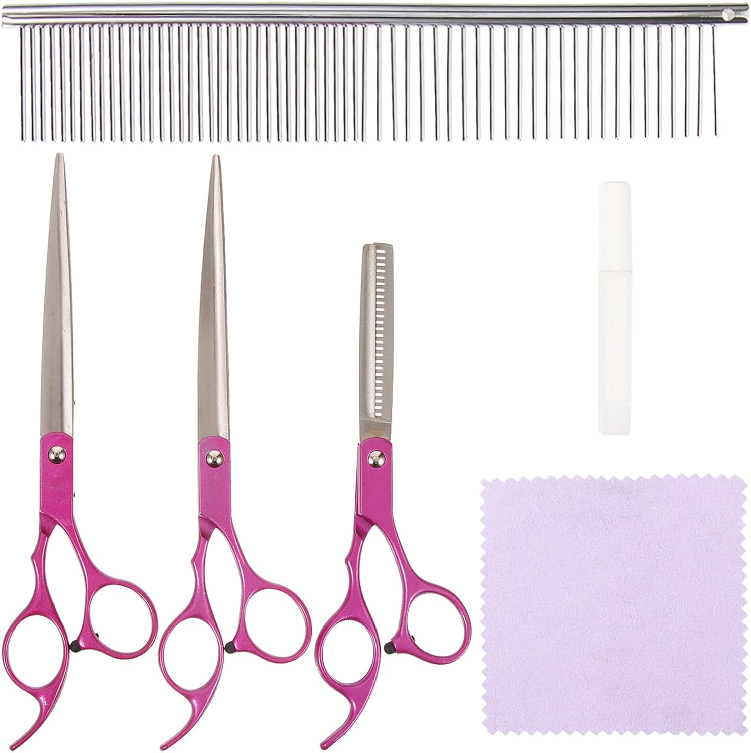 Luxshiny Professional Dog Grooming Scissors Set 3pcs Rose Pink 7-inch Straight Curved Thinning Shears with Comb and Carrying Case for Pet Hair Cutting and Trimming