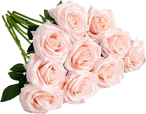 10 rosas artificiales abiertas, tallos de rosas artificiales para arreglos de boda, ramo de novia, centro de mesa, flores de seda sintética (rubor)