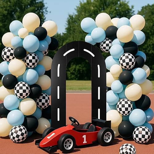 Vista 7 de Zhanmai Telón de Fondo para Fiesta de Carreras Decoración Soporte de Arco de Telón de Fondo de Pista de Carreras con Bolsa de Agua con Peso Conjunto