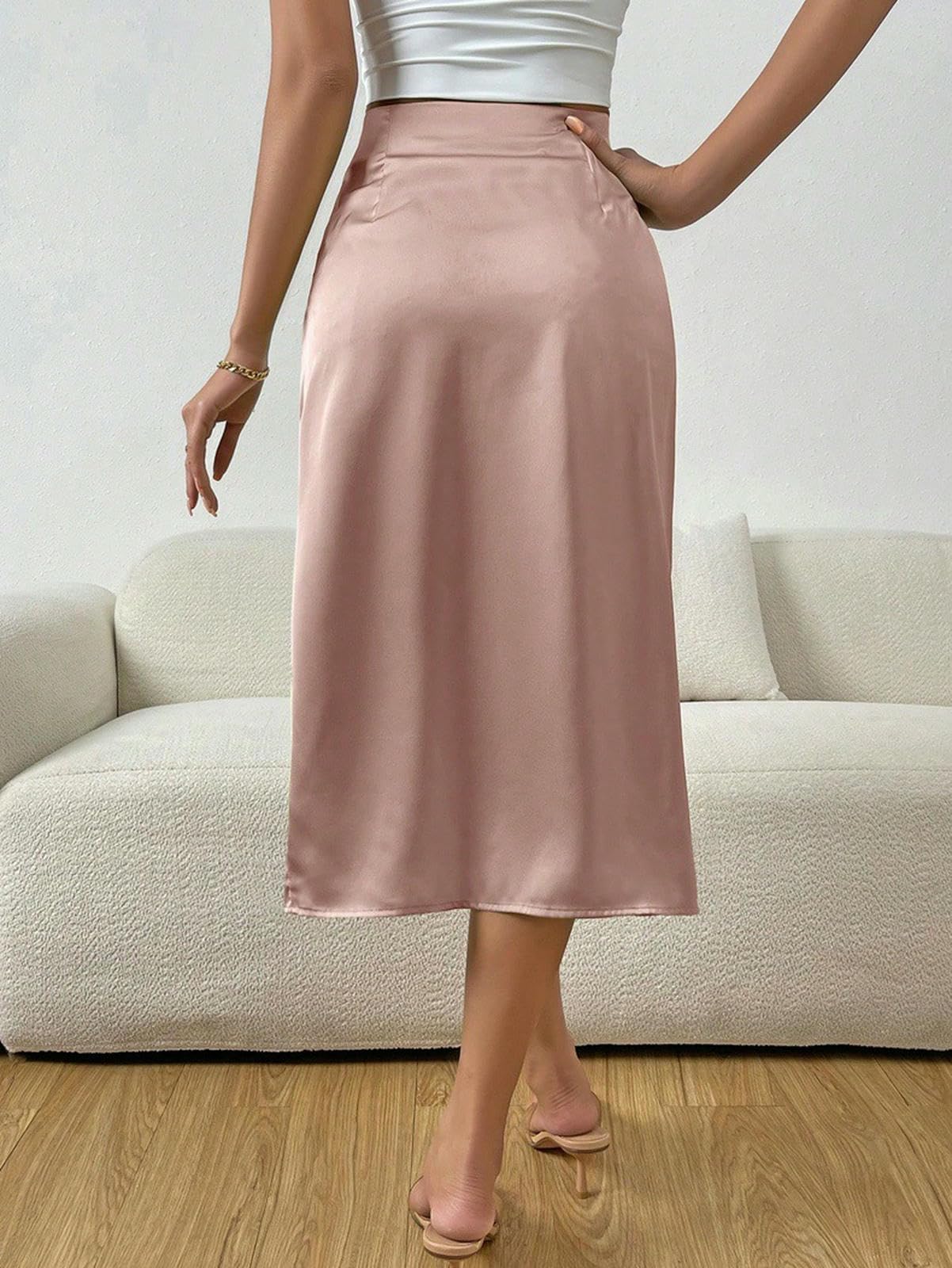 Robe Satin Asymétrique Split Slit Rucée Hight Taist Bodycon Midi Jupe-Rose-XL
