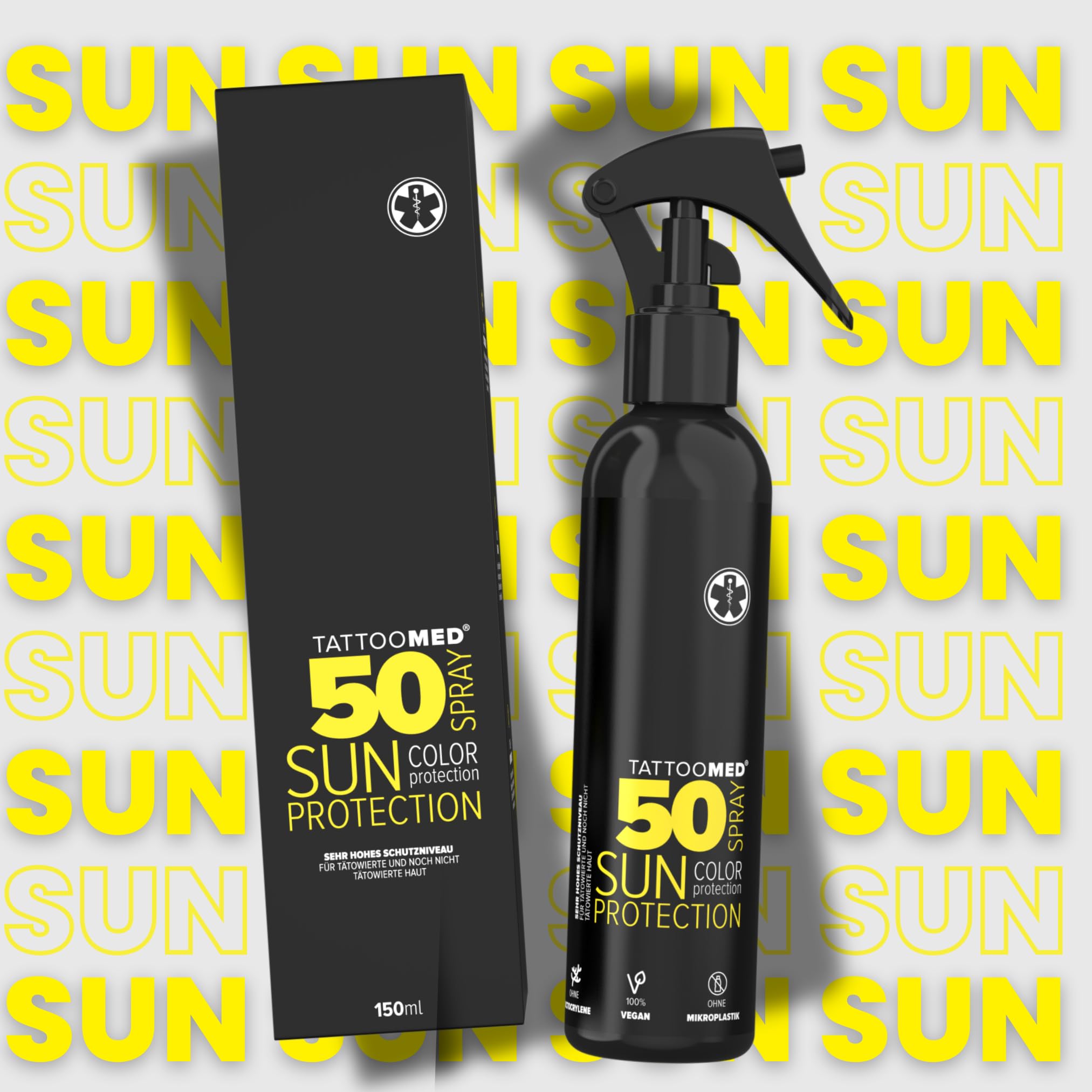 Tattoomed Sun Protection SPF 50 Spray – Protection solaire puissante spécialement conçu pour les peaux tatouées – Flacon vaporisateur (150 ml)