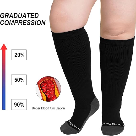 PUTUO Large Calf Flight Socks: Plus Size Compression Sock for Men Women - Extra Wide Calf Graduated Compression Stockings for Support Travel Pregnancy Edema Nurses Seniors 20-30 mmhg 3 Pairs