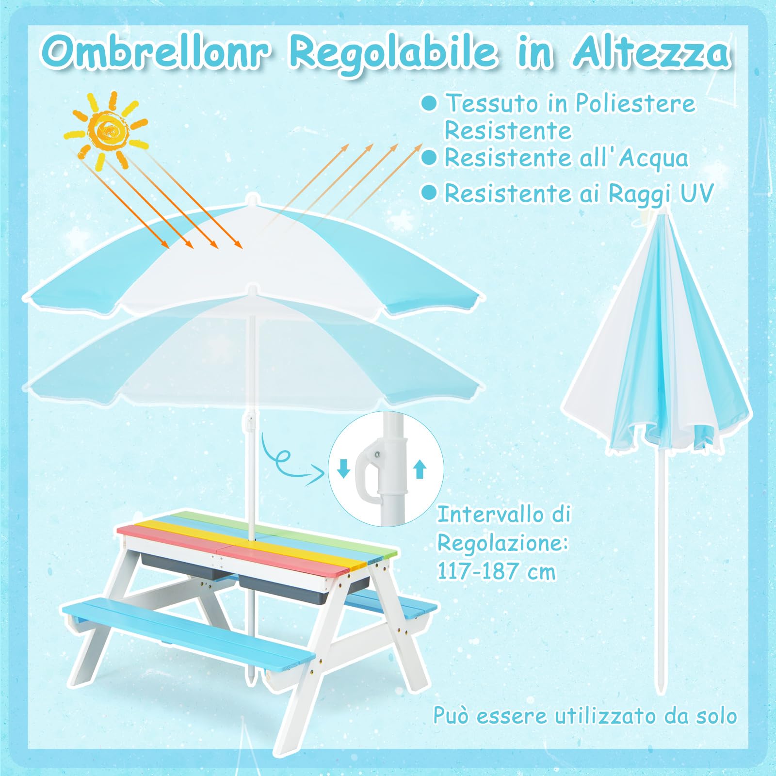 COSTWAY Set Tavolo e Sedie per Bambini da Giardino 3 in 1, con Ombrellone Rimovibile e Regolabile, Piano Rimovibile, Tavolo con Panche in Legno per Bambini da Interno Esterno (Blu e Bianco)