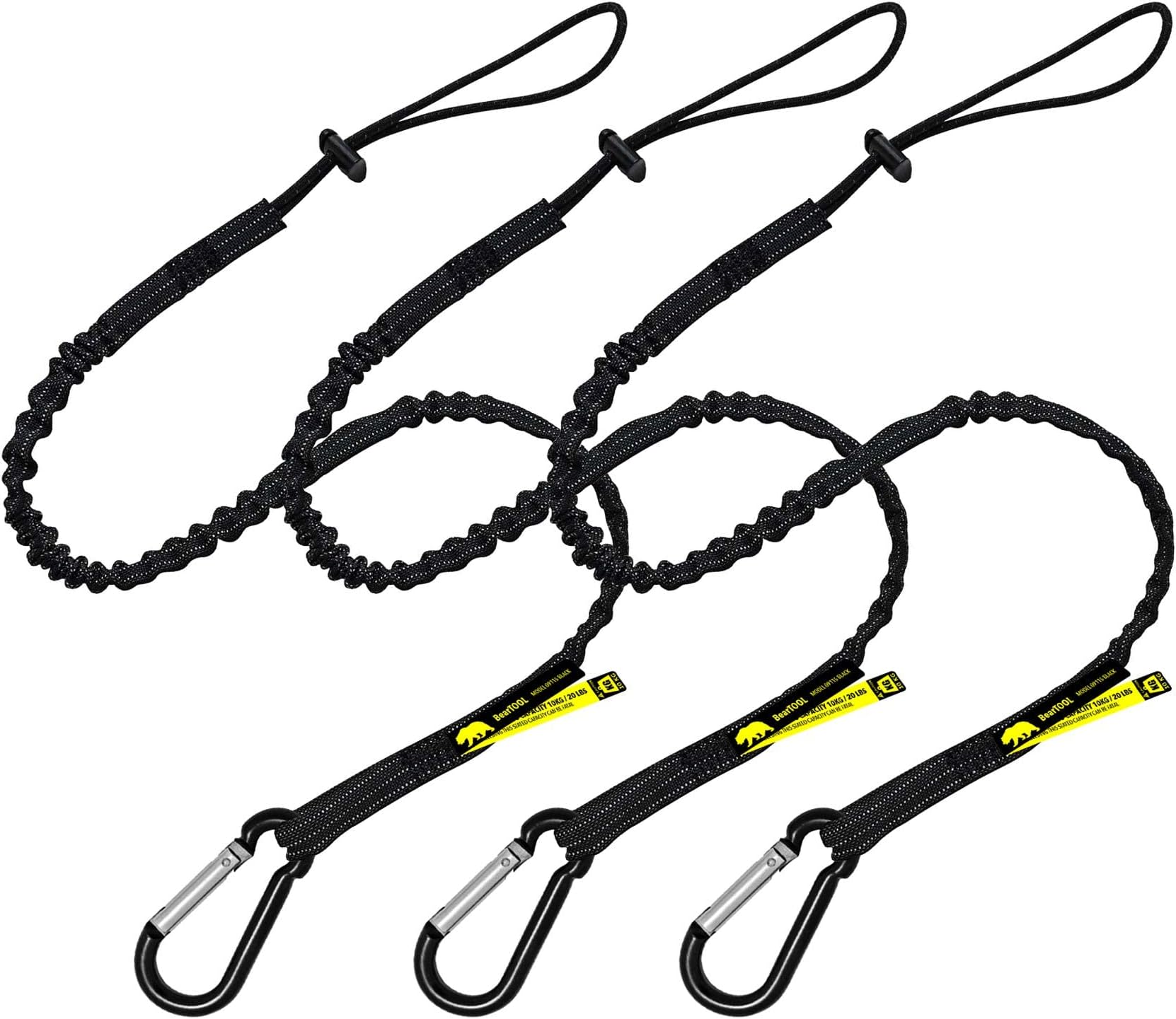 BearTOOLS Tool Lanyard with Standard Spring Carabiner and Adjustable Loop End, 90cm Length, Maximum Weight Limit 8KG / 17.6lb, Fall Restraint with Shock Cord Stopper, 3 Combo Pack (Black 0913S)