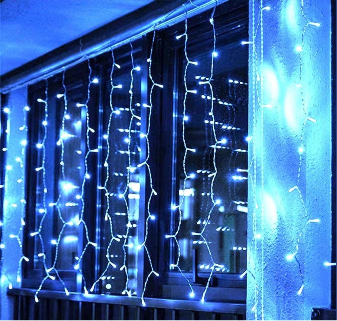 Generico Tenda luminosa natalizia a LED luci di Natale lineari con scintillii flash bianco freddo intermittenti ideale per balconi, pareti e tettoie e facciate (Luce Blu + Flash bianco, 12x0.8 mt)
