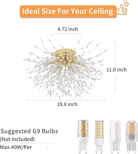 Miniatura 3 de TANLUX Lámpara de techo de montaje empotrado de fuegos artificiales dorados, moderna lámpara de techo Sputnik de cristal, 6 luces cerca del techo