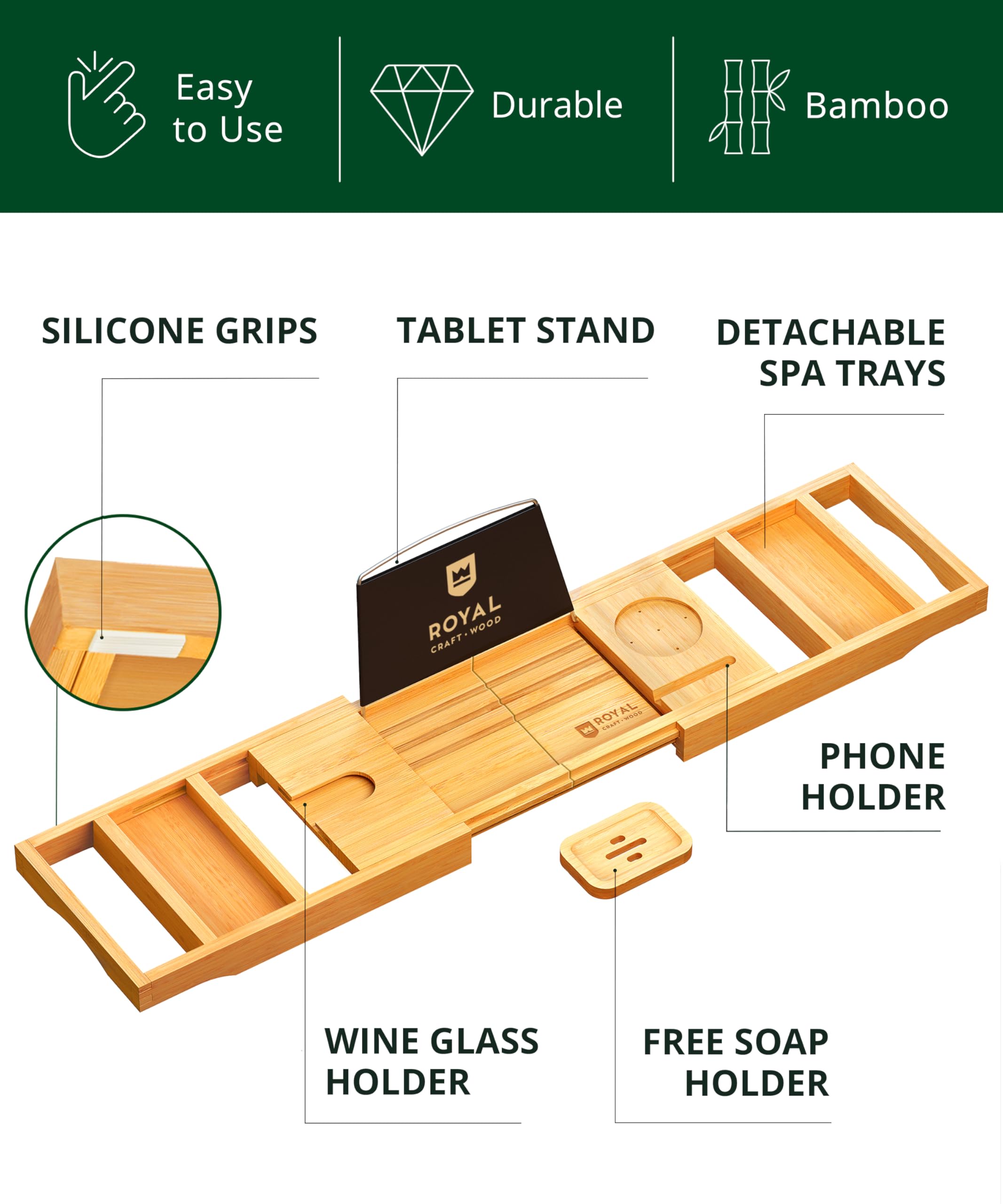 ROYAL CRAFT WOOD Premium Faltbares Badewannentablett – Holz-Badetablett für Badewanne, Bambusregal, erweiterbare Badewannentischtabletts, Badewanne & Badezimmerzubehör für neues Zuhause & Muttertag