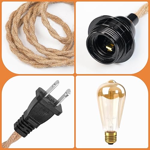 Miniatura 6 de Lámpara colgante de ratán con cable de cuerda de cáñamo de 15 pies, luces colgantes de mimbre con pantalla de lámpara de cesta de bambú, interruptor