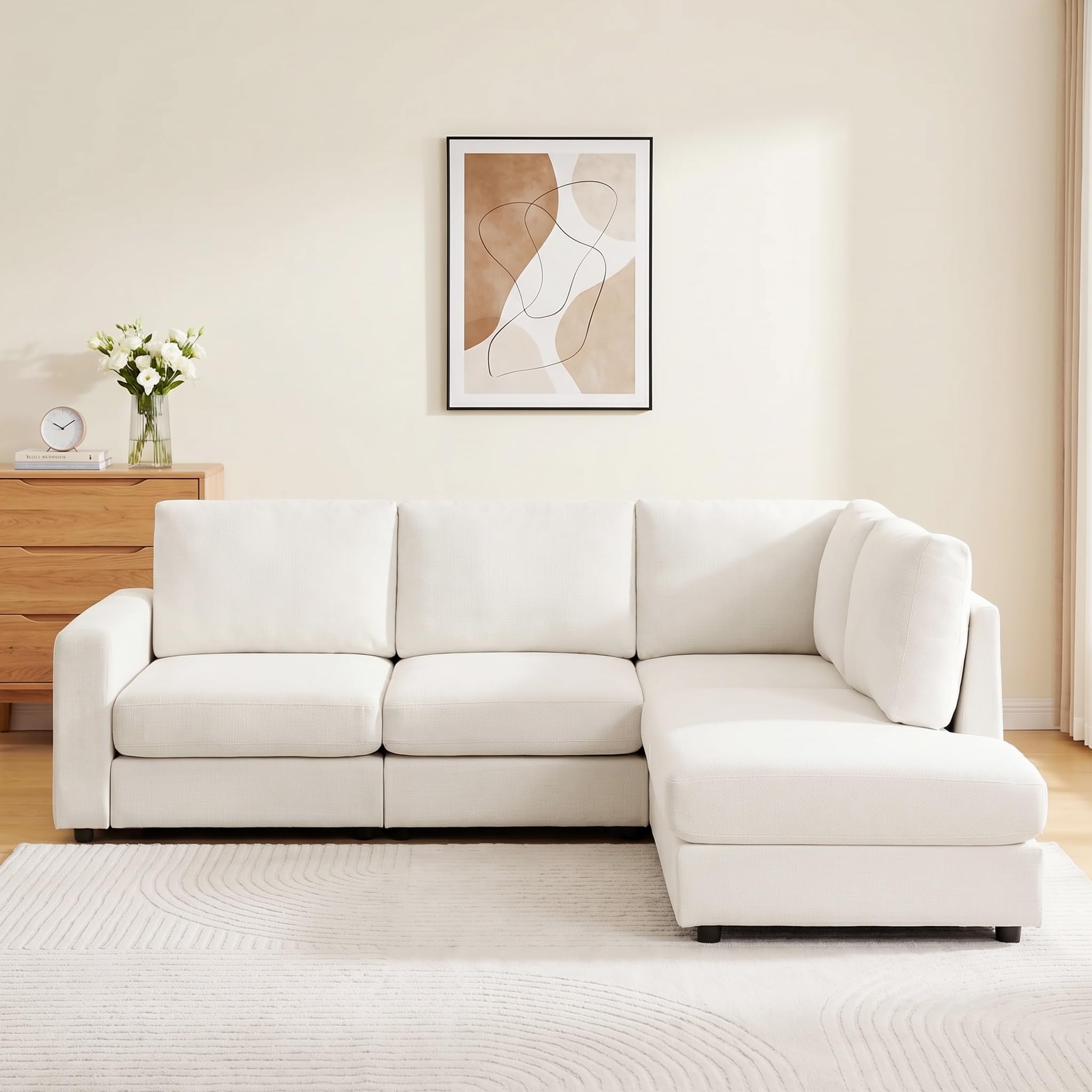 100” L-Shaped Couch with Reversible Chaise, Chenille Modular Sectional Sofa, 4-Seater Corner Couch for Living Room, Apartment, Beige (Missing chaise)