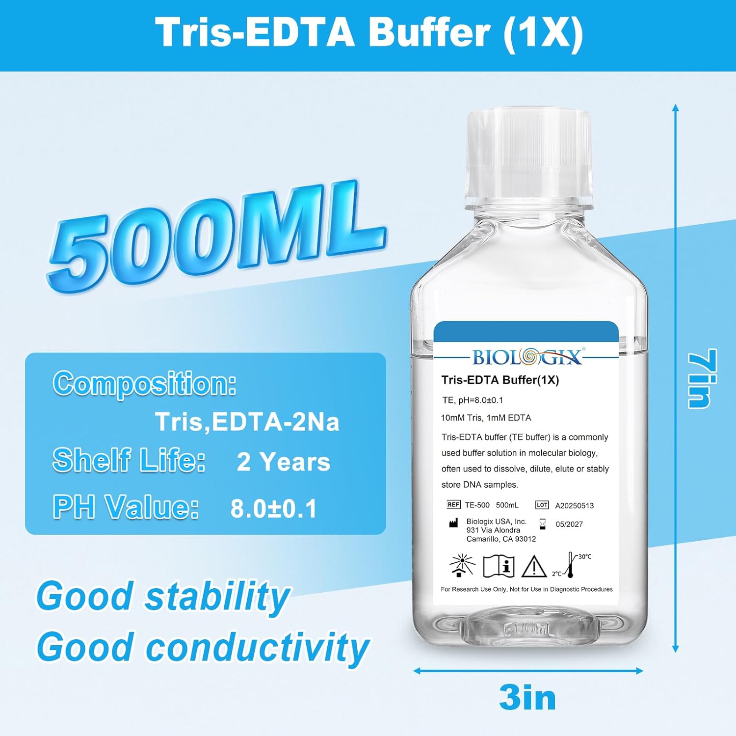 TE Buffer, Tris-EDTA Buffer (1×) pH 8.0, 500mL/Bottle, 10Bottles/Box