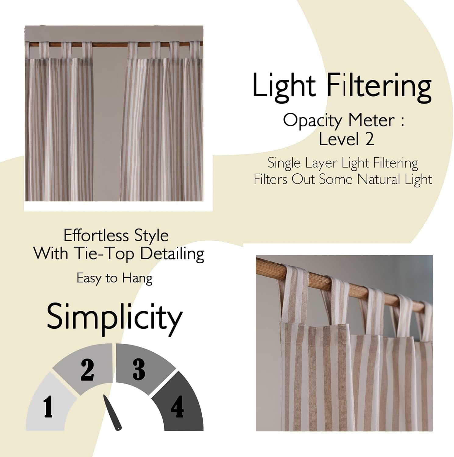 THE ART BOX Tab Top Striped Linen Curtains for Living Room & Bedroom | Easy Slide-On Rod Pocket Alternative | Light Filtering Boho Window Panels | Beige on White 63"x42" (Set of 2)