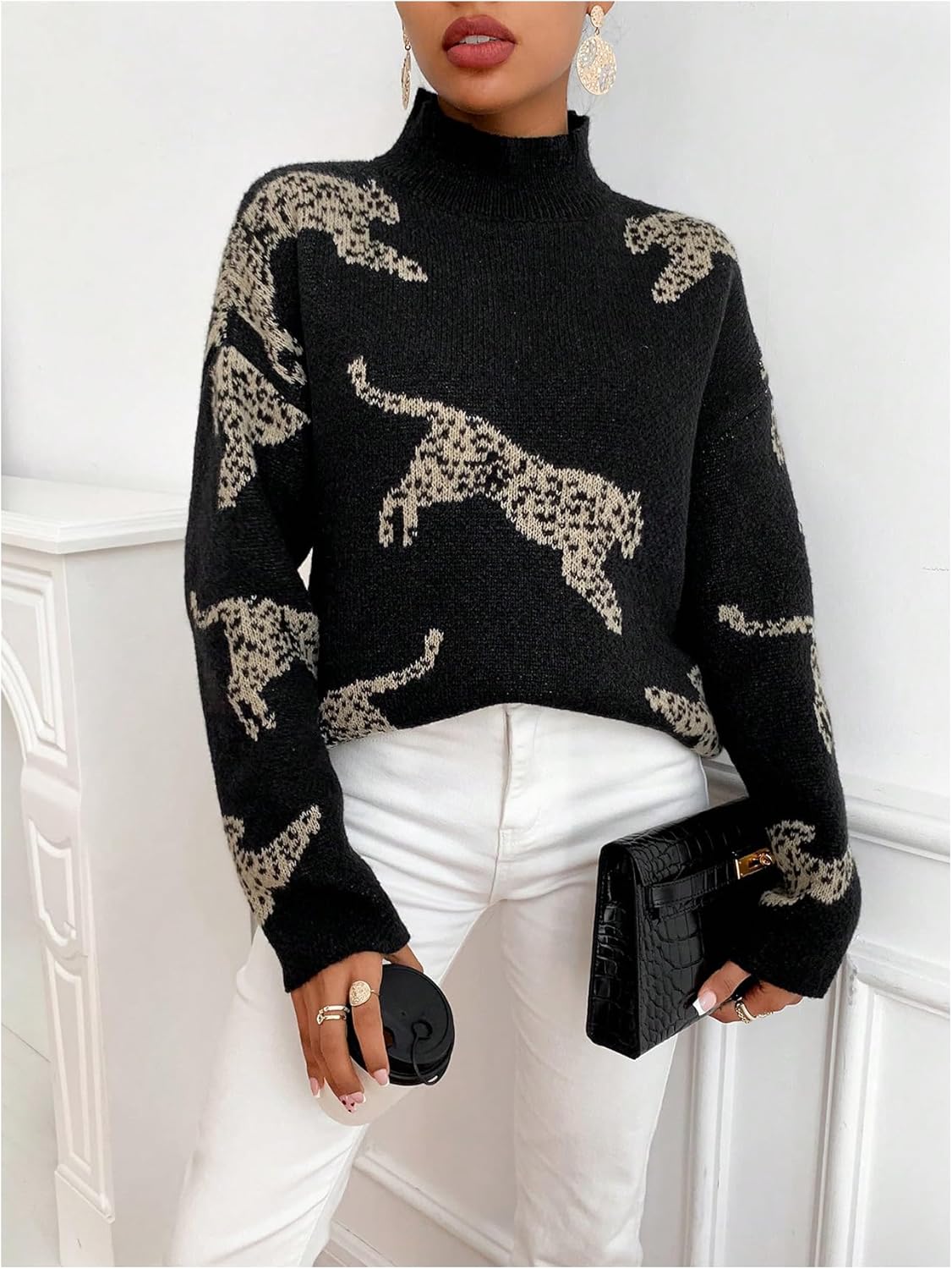 GORGLITTER Women's Mock Neck Leopard Pattern Sweater Long Sleeve Drop Shoulder Knit Pullover Top - Image 3