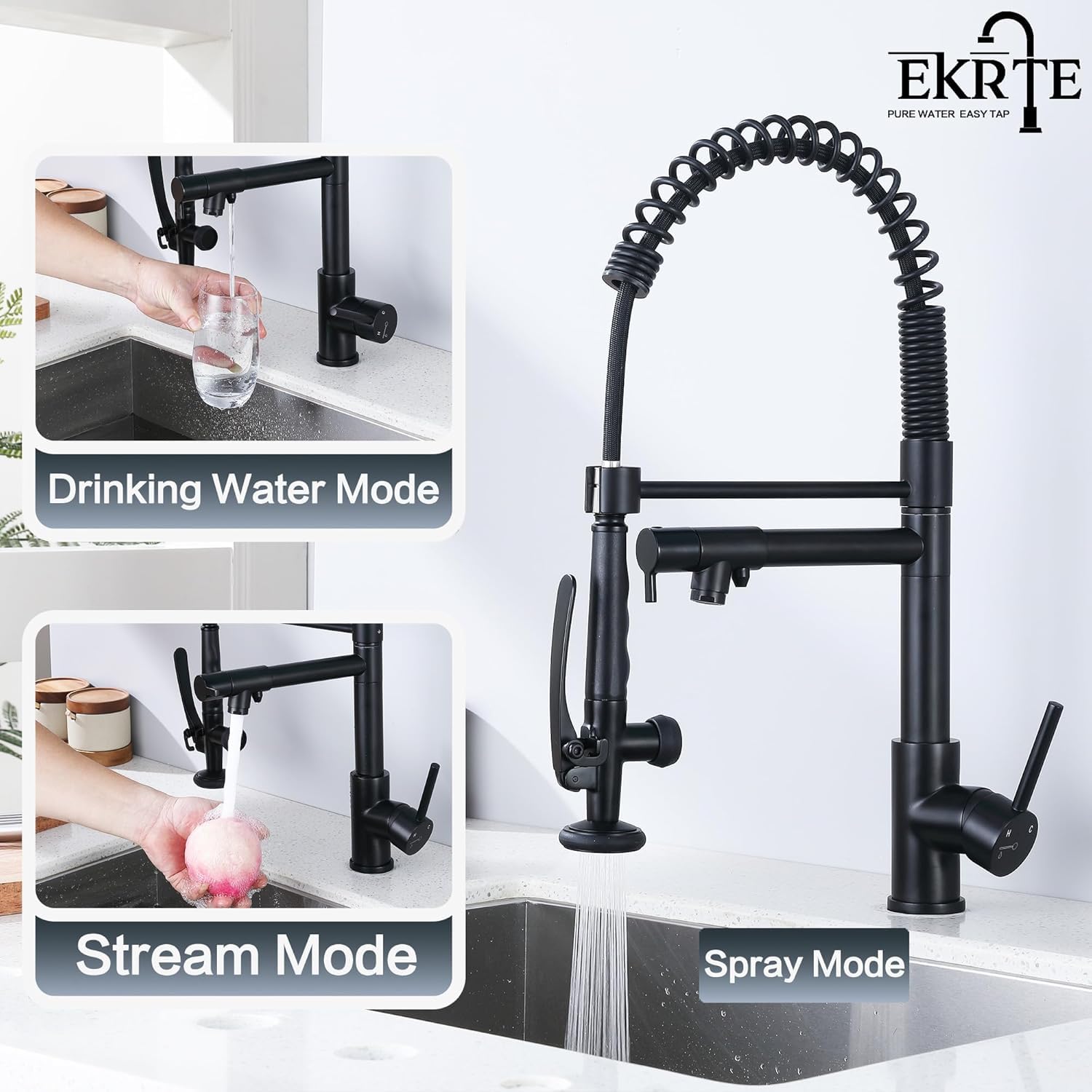 Trinkwasserhahn, Küchenspüle, Wasserhahn mit herausziehbarem Sprüher, 3-in-1-Wasserfilter-Reiniger-Armaturen, strapazierfähig, kommerzieller Stil, Küchenarmatur, mattschwarzer Filter
