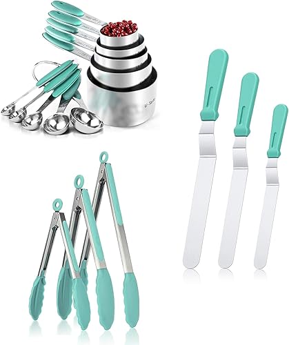 U-Taste Juego de 10 pinzas de cocina de silicona resistentes al calor de 600 F, taza medidora de acero inoxidable 188 y cuchara, juego de 10