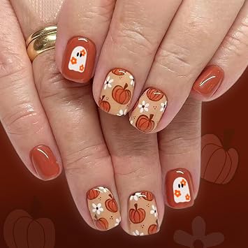Halloween Press on Nails Short Square Fake Nails with Pumpkin Flower Ghost Designs Orange Nails Press ons Glossy Full Cover Cute Halloween Stick on Nails for Women 24Pcs
