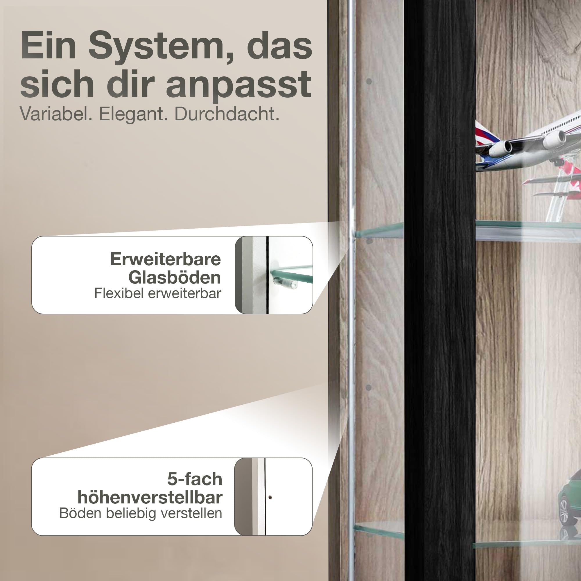 Hängevitrine Glas (80x60x25cm) - Made in Germany - Glasvitrine hängend mit 2 höhenverstellbaren Glasböden aus ESG in Schwarz/Sonoma Eiche - Schrank mit Glastüren - Wandvitrine