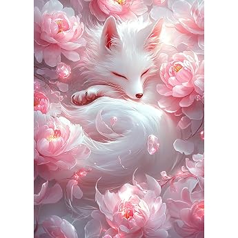 QENSPE Diamond Painting Fox Pink Peony Diamonds Art Set Adults 5D Diamond Painting DIY Diamonds Art Craft for Home Room Wall Decor 30 x 40 cm