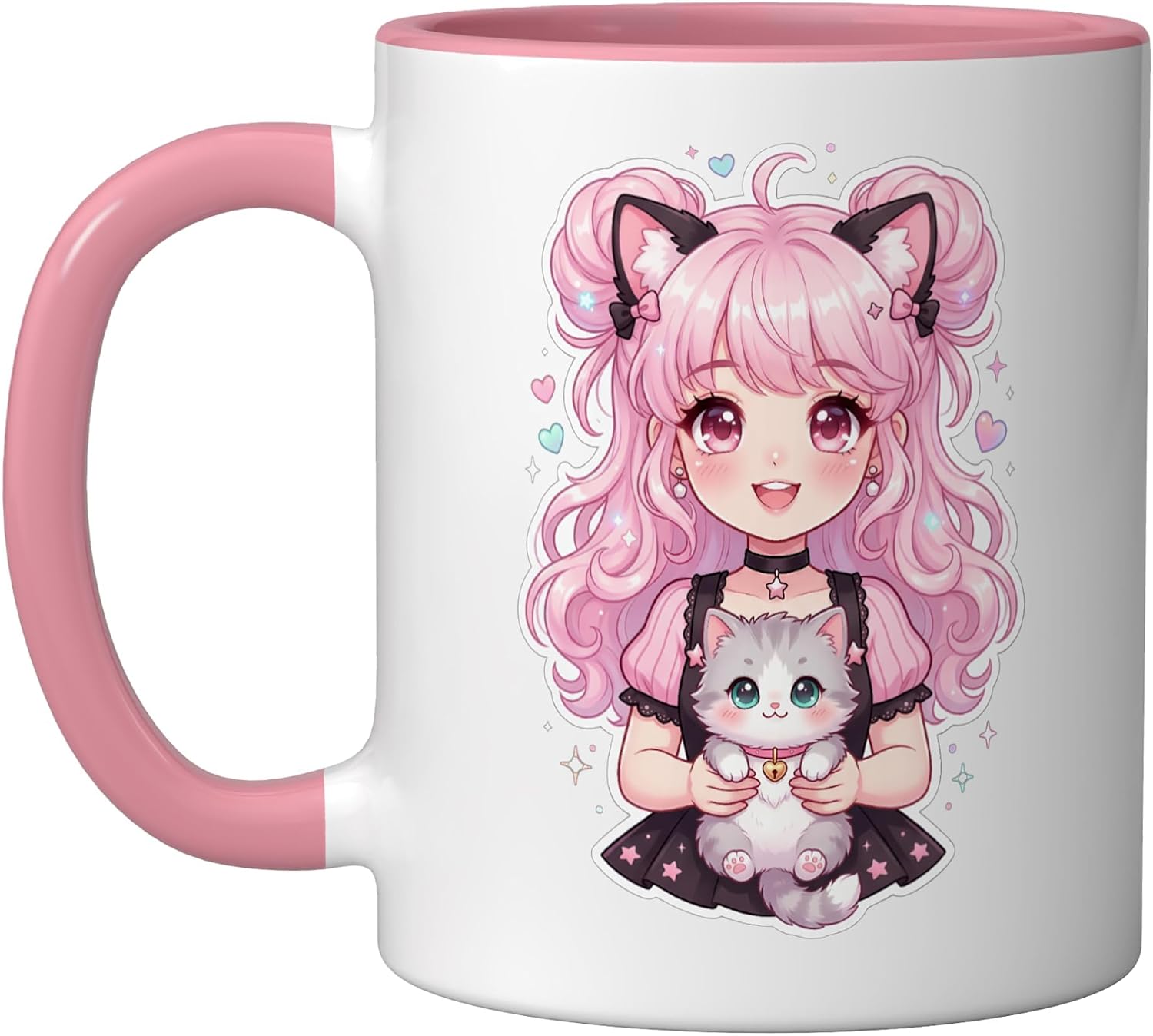 Cute Anime Cats Lover Kawaii Manga Otaku Anime Girl Pink Ceramic Mug, Pink/White