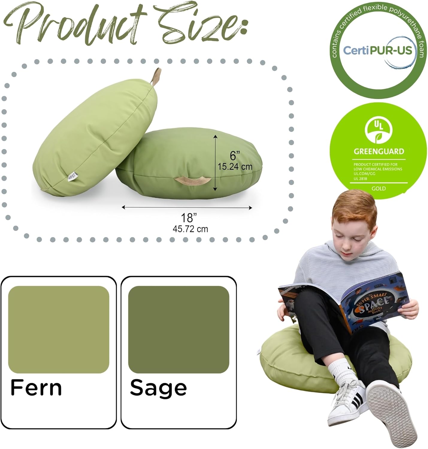 Children's Factory Mini Round Poufs, Flexible Classroom Seating, Durable Floor Cushions with Handles, Fern and Sage, Set of 2