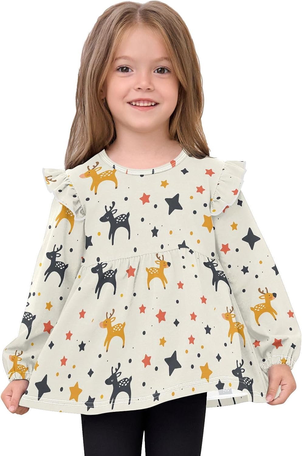 visesunny Toddler Clothes for Girls Cartoon Sketch Deer Star Long Sleeve Fall Shirts Cotton Top with Ruffle Collar
