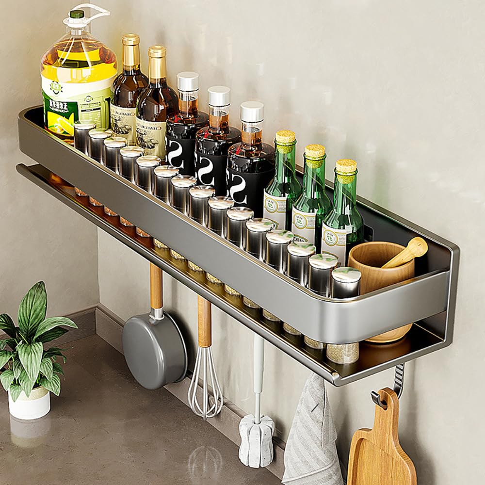 GLJTUO Wall-Mounted Spice Rack with 5 Hooks, Carbon Steel Kitchen Shelves for Spice Jars & Condiment Bottles – 60 cm Hanging Utensil Holder, Gray (Grigio 60 cm),Grigio-60 cm