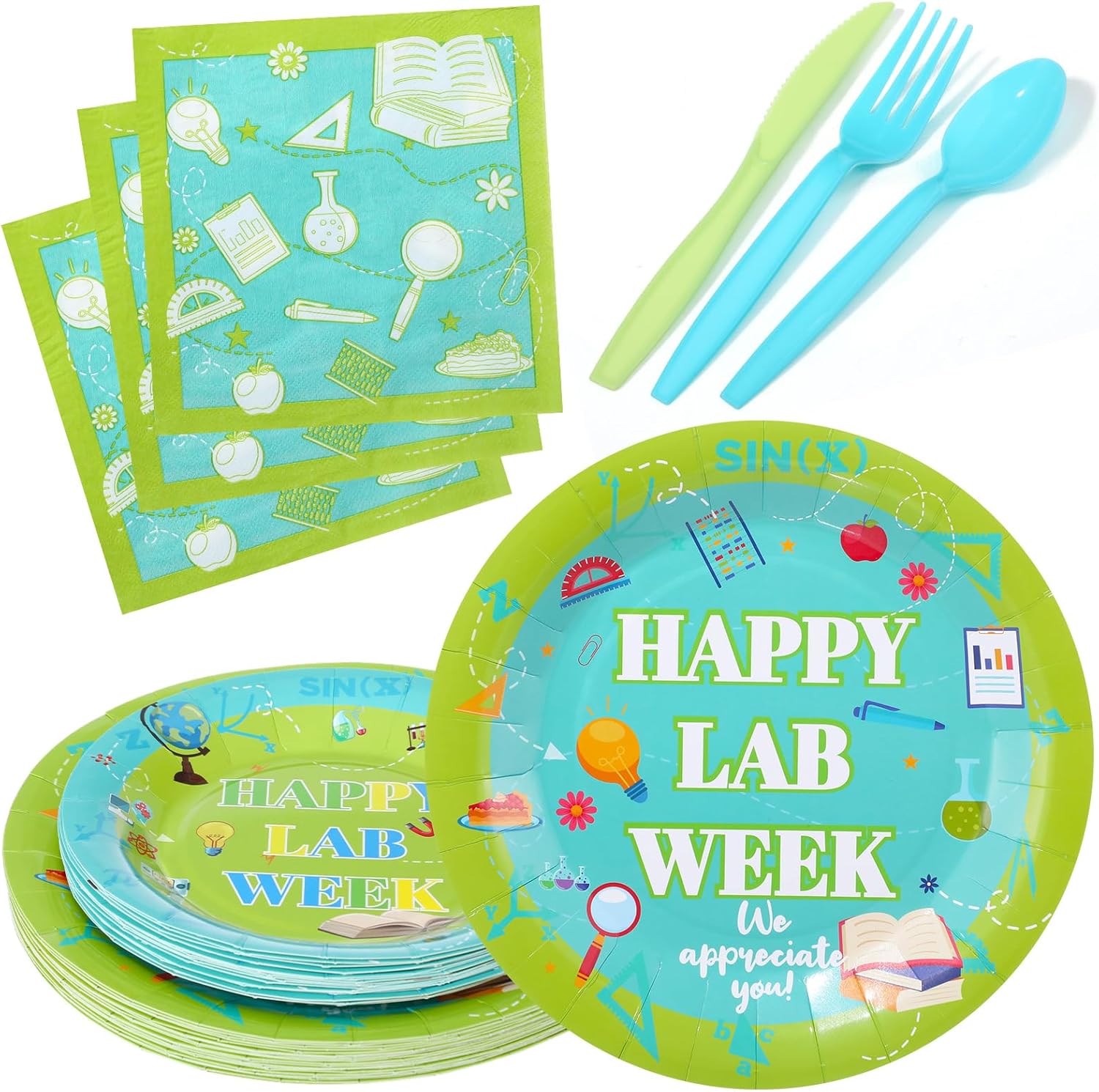 Yungyan 120 Pcs Lab Week Decorations 2026 Laboratory Week Gifts Party Plates Disposable Dinnerware Sets Paper Plates and Napkins Party Supplies for Lab Staff Researchers Supplies