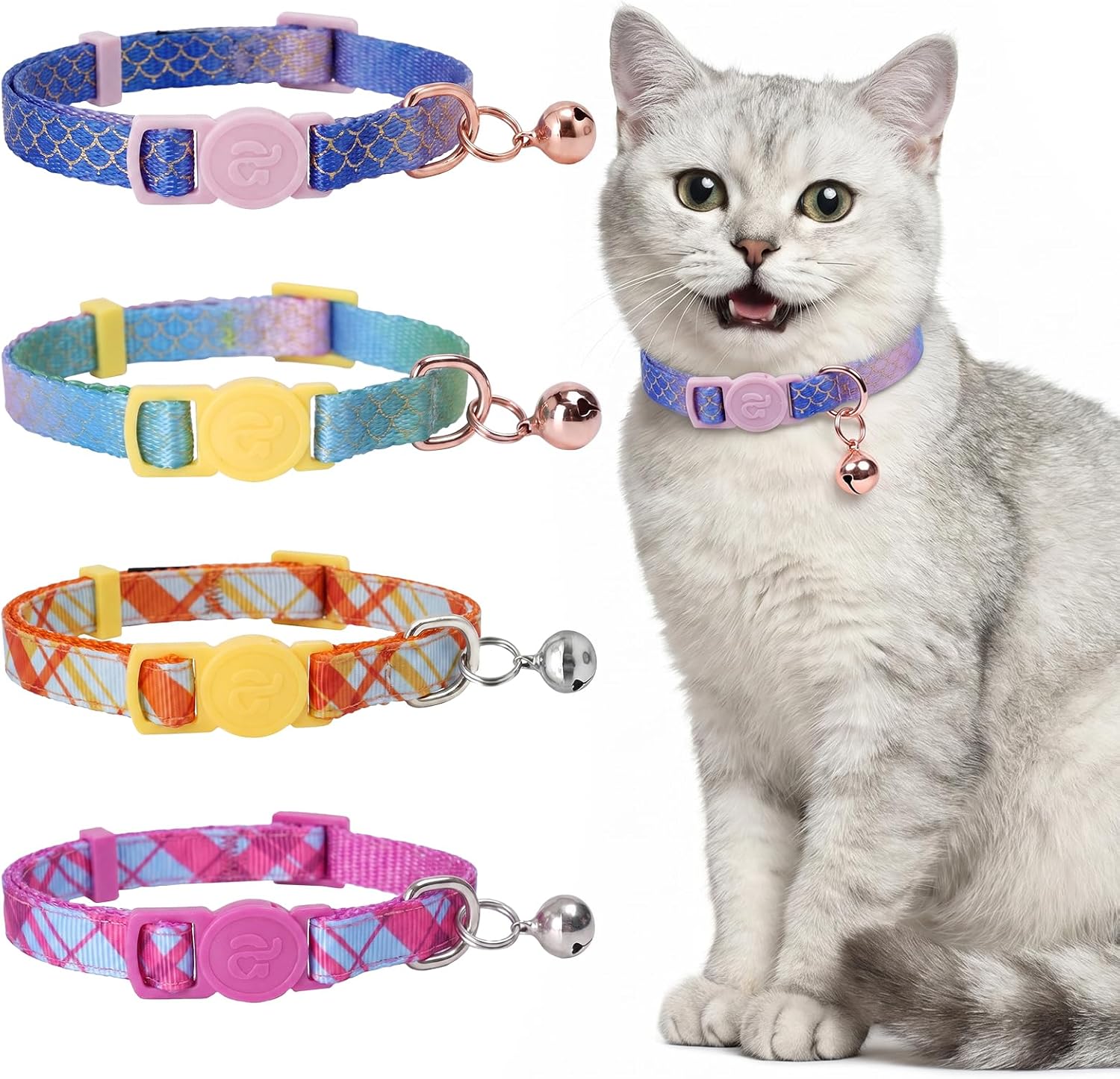 azuza 4 Pack Cat Collars, Breakaway Buckle Cat Collar with Bell, Mermaid