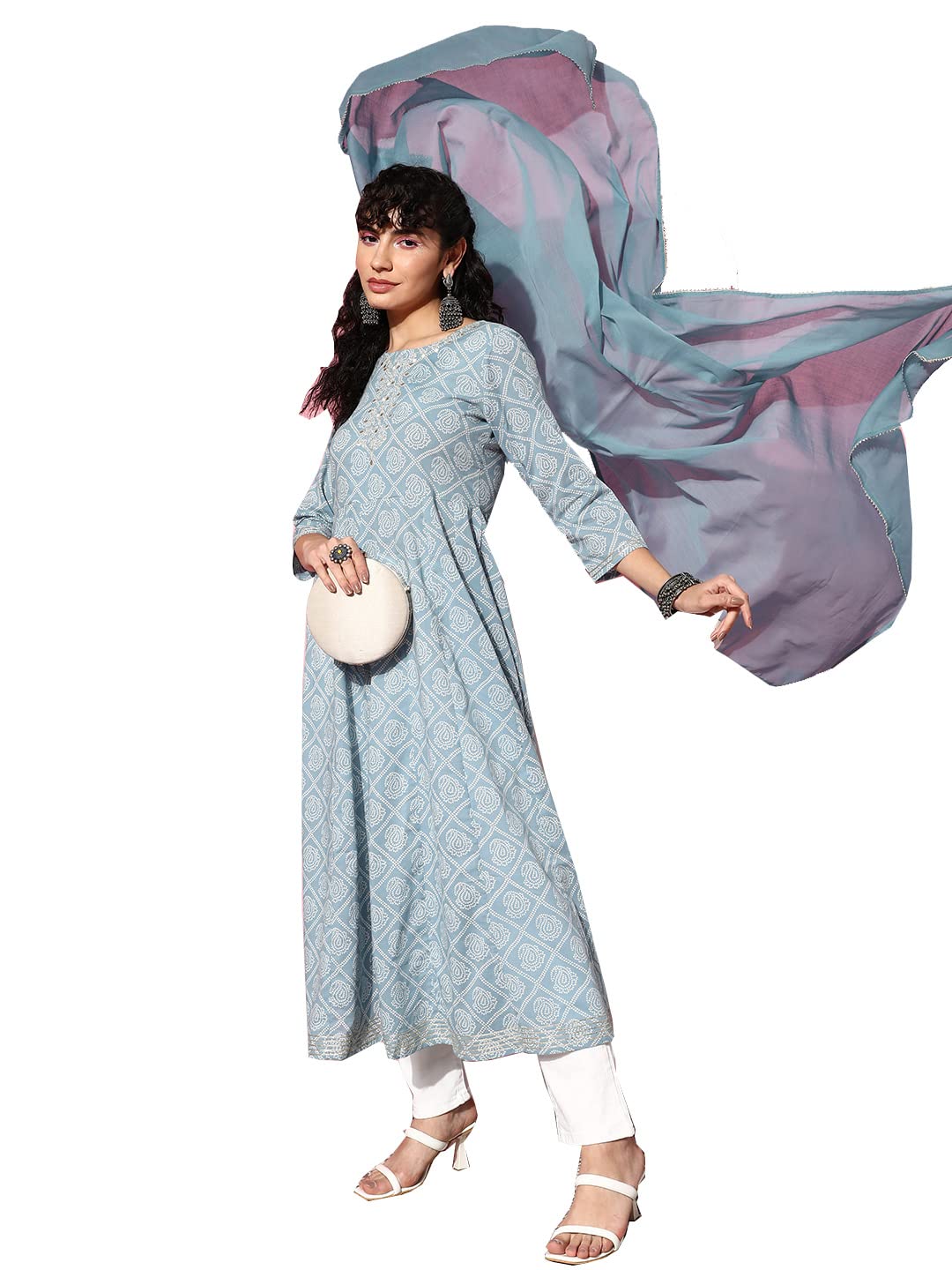 Ishin Women's Cotton Blend Blue Embroidered Anarkali Kurta With Dupatta