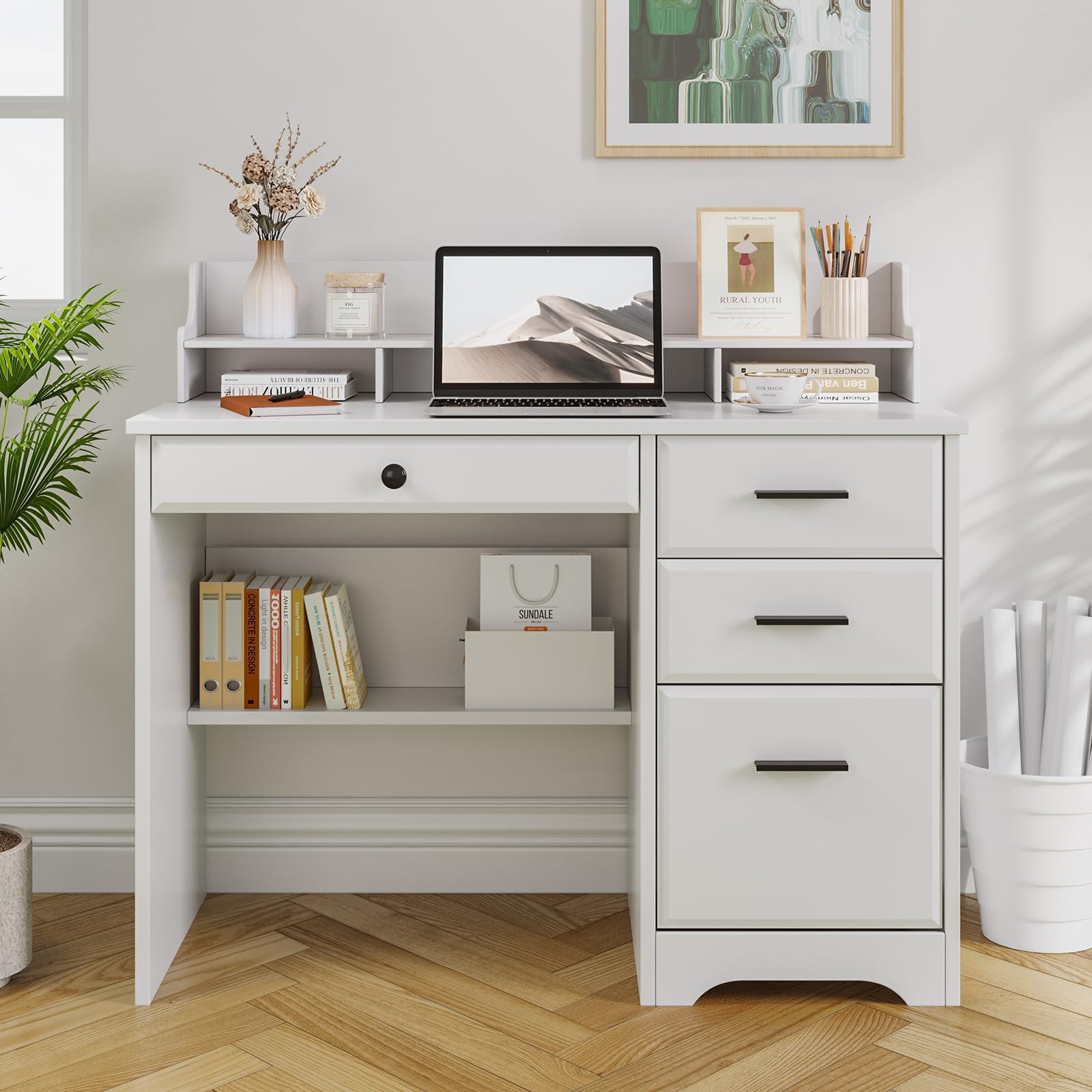 4 EVER WINNER White Desk with Drawers Small Desk with File Drawer for Small Spaces Writing Desk with