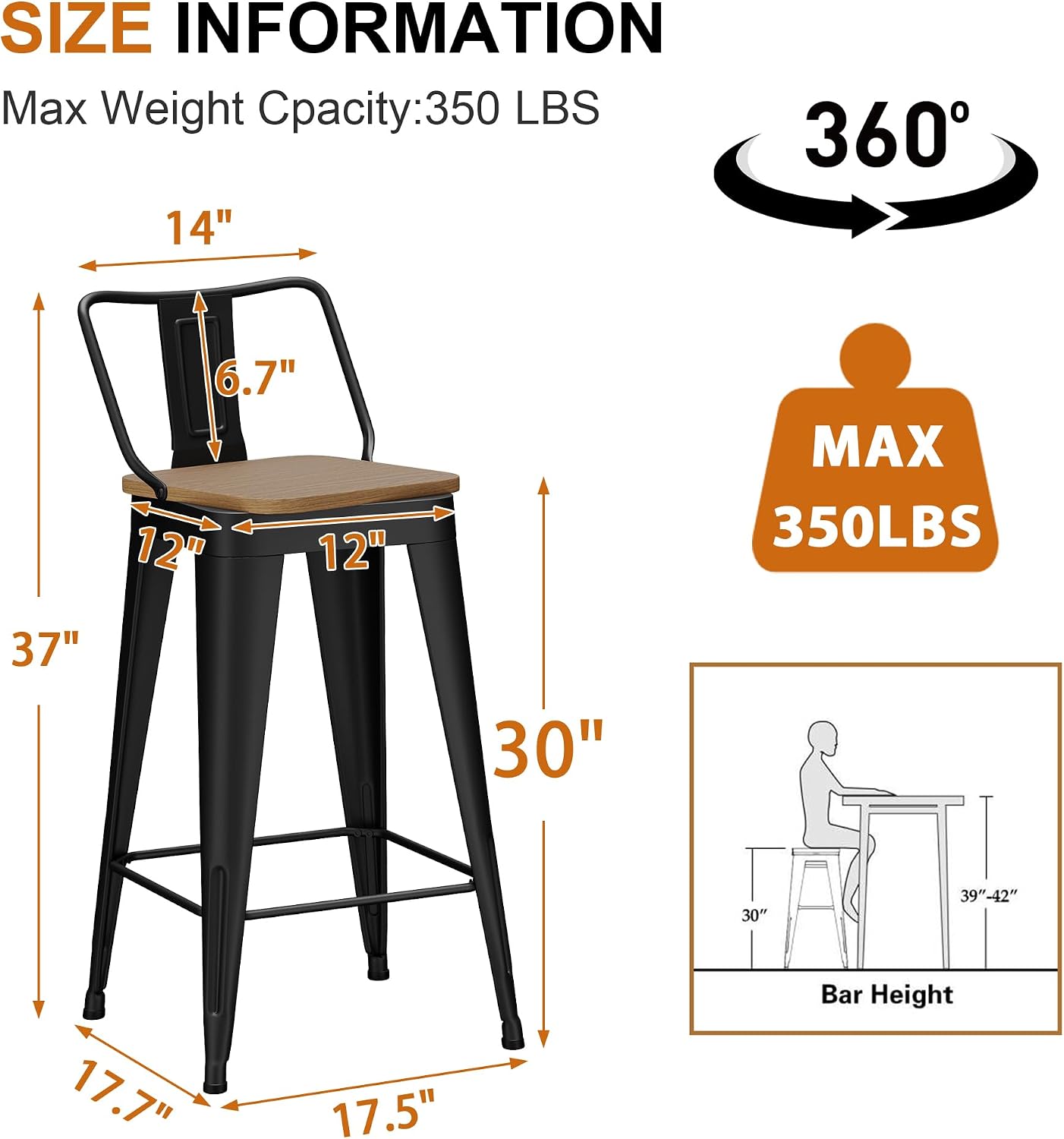 Andeworld Swivel Barstools Set of 2, 30 Inch Bar Height Metal Bar Stools with Wood Top, Low Back Barstools with Metal Leg and Footrest Bar Chair for Kitchen Island,Matte Black