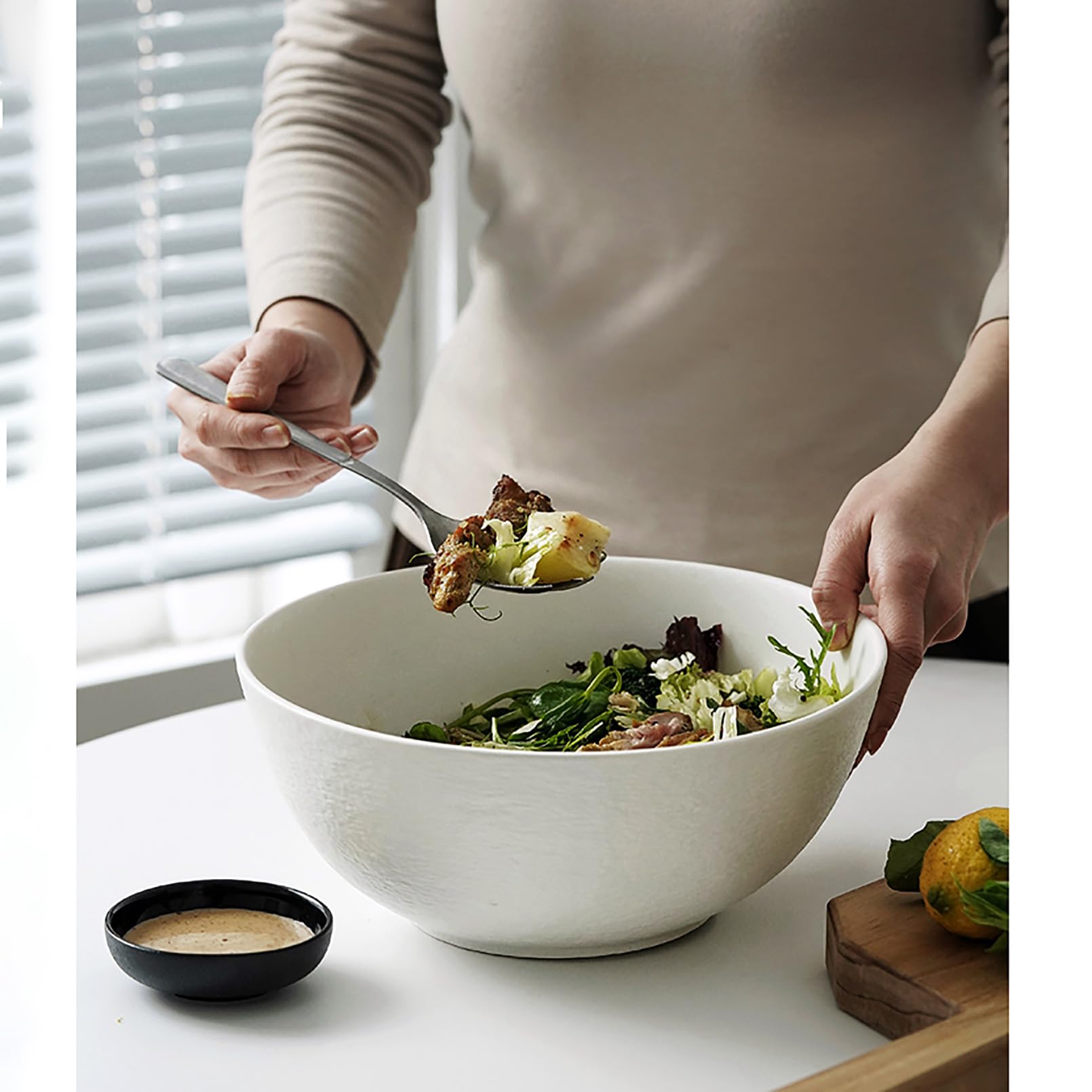 Große Salatschüssel, 2500 ml, 26 cm Durchmesser, Steinstruktur, Suppenschüssel, Keramik, Ramenschüssel für 1 3 Personen, spülmaschinenfest, für Ramen, Obst, Desserts, Suppen und Müsli, Weiß